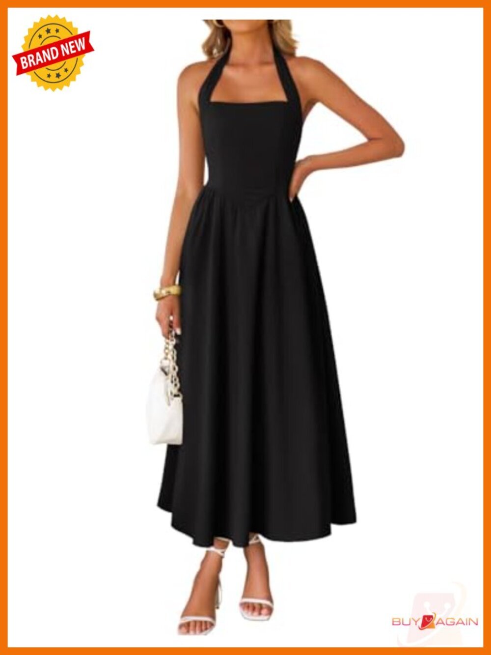 Sleeveless Halter Midi Dress Off Shoulder High Waist Flowy A-Line Wedding Guest